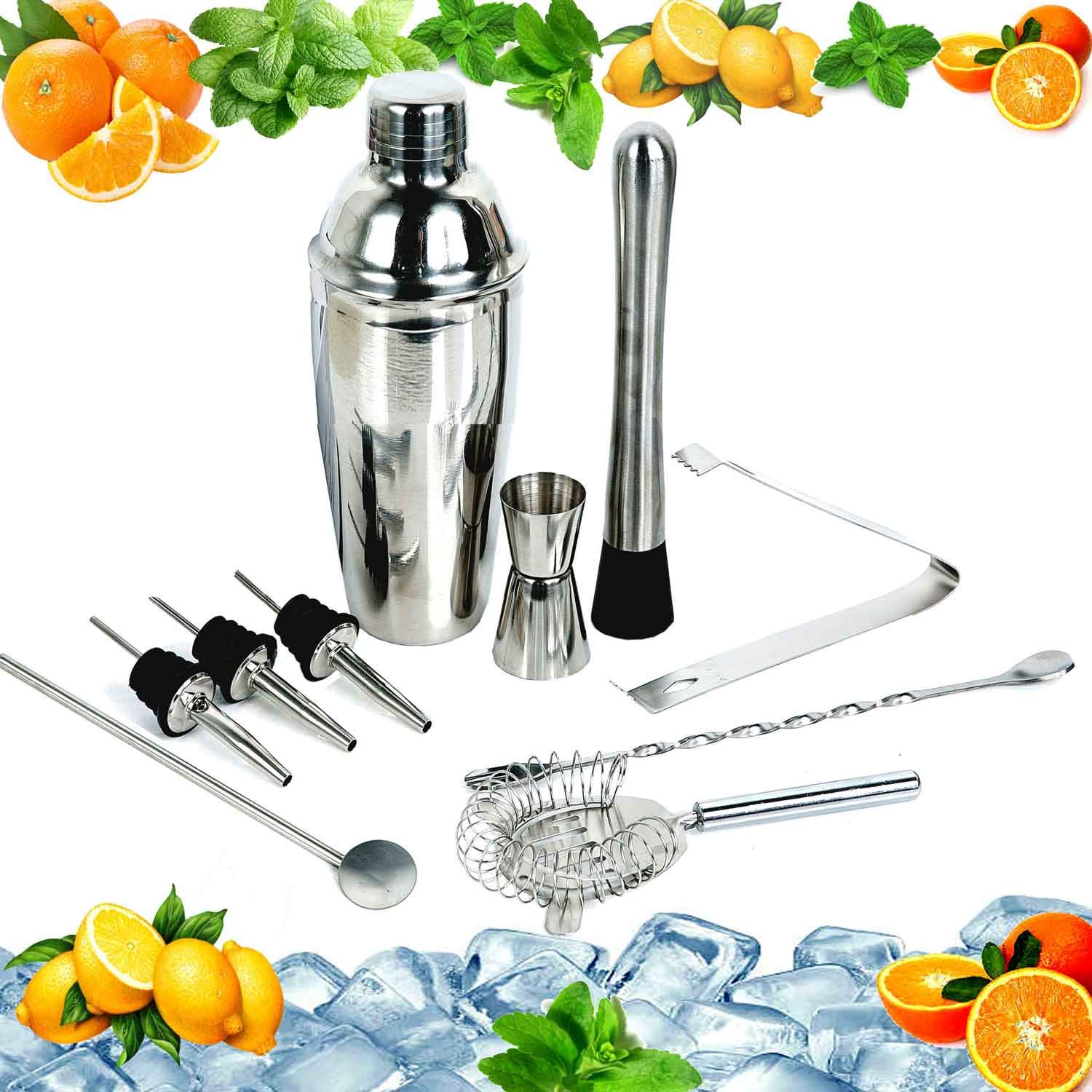 Cocktail Maker Bar Set,Premium Stainless Steel Home Cocktail Making Kit with Manhattan Cocktail Shaker,Muddler, Ice Filter-Colander, Double Ended Measure,Spirit Pourer, Stiring Spoon,Ice tong