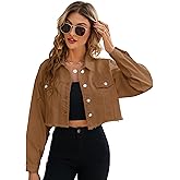 LONGYIDA Women's Cropped Denim Jacket | Distressed Button-Down Jean Jacket | Long Sleeve Ripped & Frayed Blue Coat