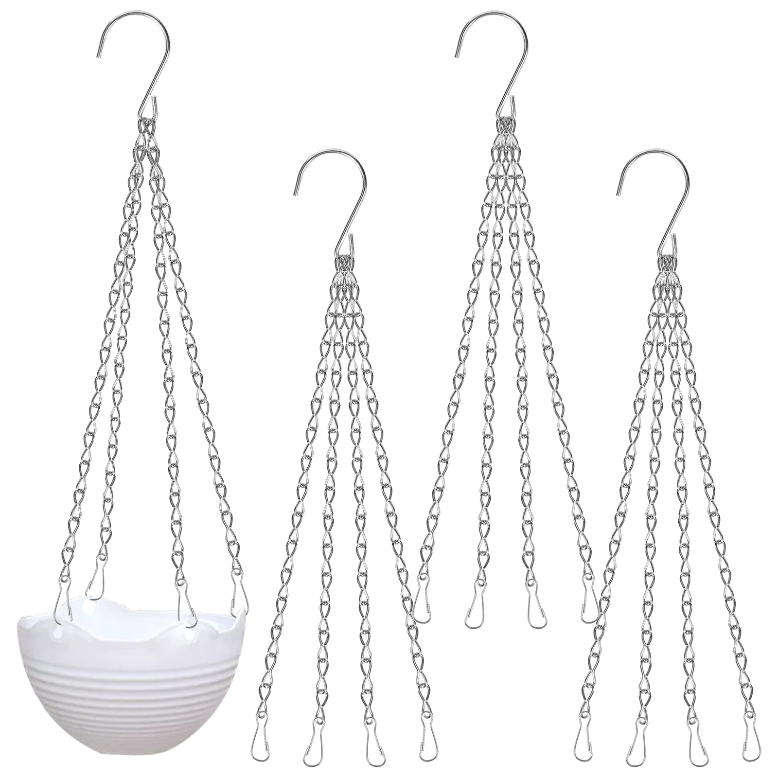 4 Pack Hanging Set, 4 Leg Hanger Replacement Metal Hanging Basket Chains Garden Flower Pot Plant Hangers with Clips & Hooks for Bird Feeders Planters Lanterns Ornaments, 2 Colors (Silver)