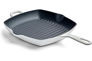 Chuck Hughes Cast Iron 26 cm Square Grill Pan – Heavy-Duty Indoor Grill Skillet for Meat, Fish & Vegetables, Nonstick Seasone