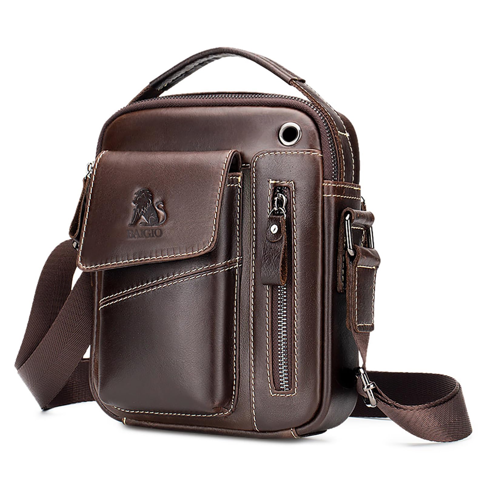 BAIGIO Men's Shoulder Bag Cross Body Bag Men Genuine Leather Crossbody Sling Handbag Ipad Man Bag Small Satchel Messenger with Adjustable Shoulder Strap for Business Work Daily Travel Holiday, Brown