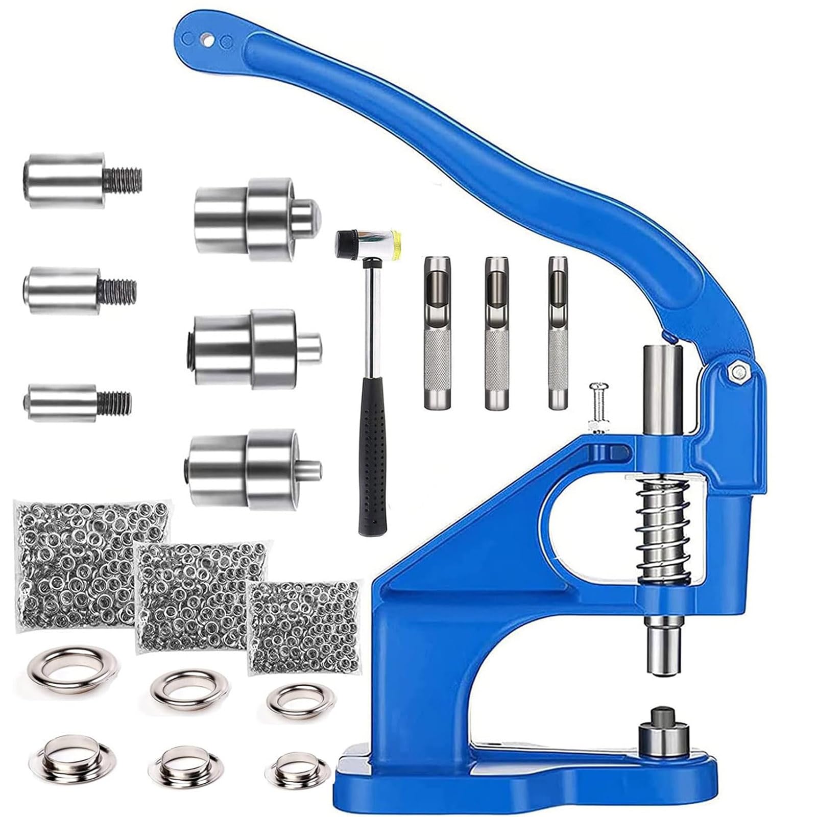 Hand Press Grommet Machine, Heavy Duty Eyelet Pliers Kit, Leather Rivet Punching Tool with 1500 Grommets (6/10 /12mm) 3 Dies, Riveter Presser Machine for Belt Fabric Tarpaulins Banner Curtain Shoes