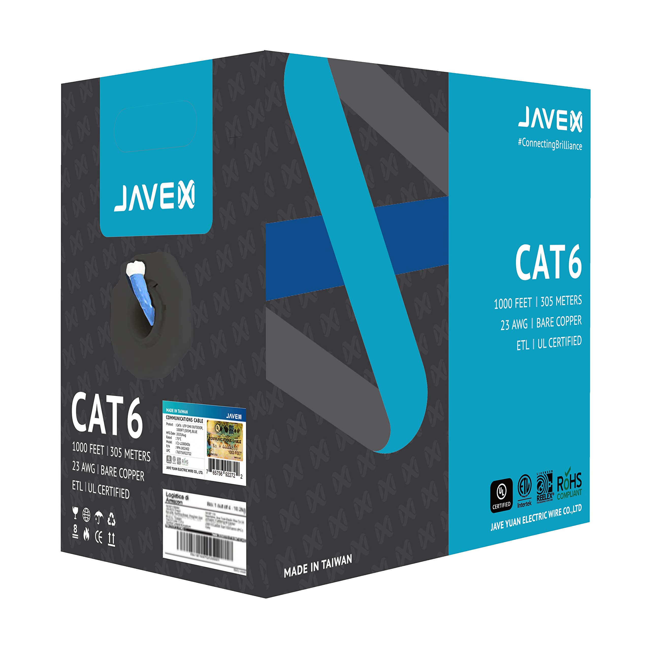 JAVEX 23AWG CAT6 UL in-Wall Rated [1000 Feet/305M] Solid Bare Copper 600MHz, PoE++ over 100W, ETL Listed, TAA Compliant, UTP Ethernet Bulk Cable, Blue