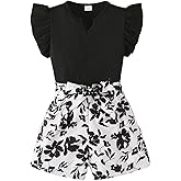 YOURUIKEY Cute Girls Summer Outfits 2 Pieces Ruffle Top And Floral Belt Shorts Set Teen Girls Hawaiian Clothes Size 7-14