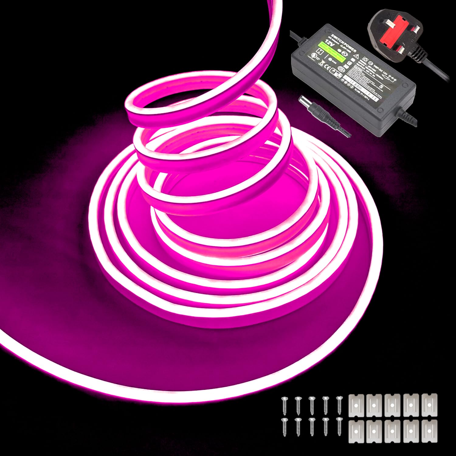 Gcidto Flexible 5M Pink Neon LED Strip Lights，12V DC 600 LEDs Waterproof SMD2835 for DIY Decor Lights for Parties, Bars, Bedrooms, Store Signs(Includes Power Adapter).