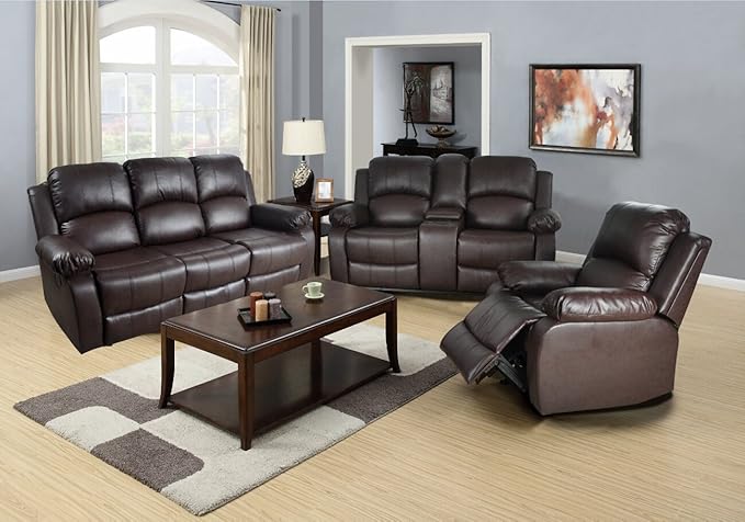 Amazon Com Lifestyle Furniture 3 Pieces Reclining Living Room Sofa Set Drop Down Table With Leg Pillow Bonded Leather Brown Furniture Decor