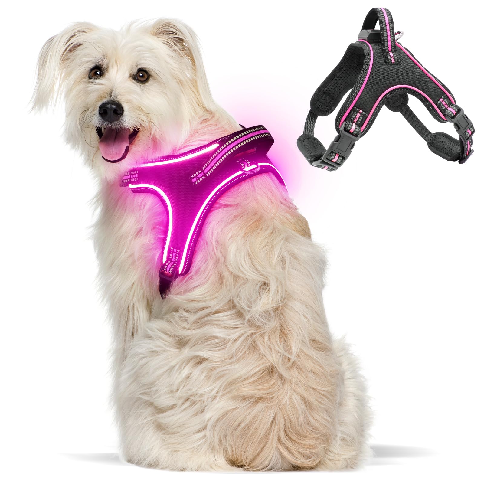 Light Up Dog Harness No Pull LED Dog Harness with Handle Rechargeable Rainproof Pet Harness for Night Walking Glowing Dog Vest Harness for Small Medium Large X-Large Dogs (Pink, XL)