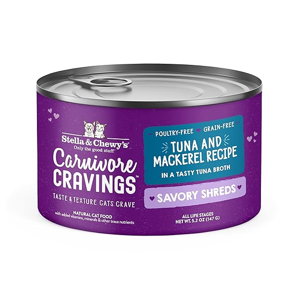 STELLA & CHEWY’S CARNIVORE CRAVINGS SAVORY SHREDS – WET CAT FOOD – HIGH-MOISTURE FORMULA WITH PREMIUM WILD-CAUGHT TUNA & MACKEREL – PERFECT FOR PICKY EATERS – 5.2 OZ, 8 COUNT