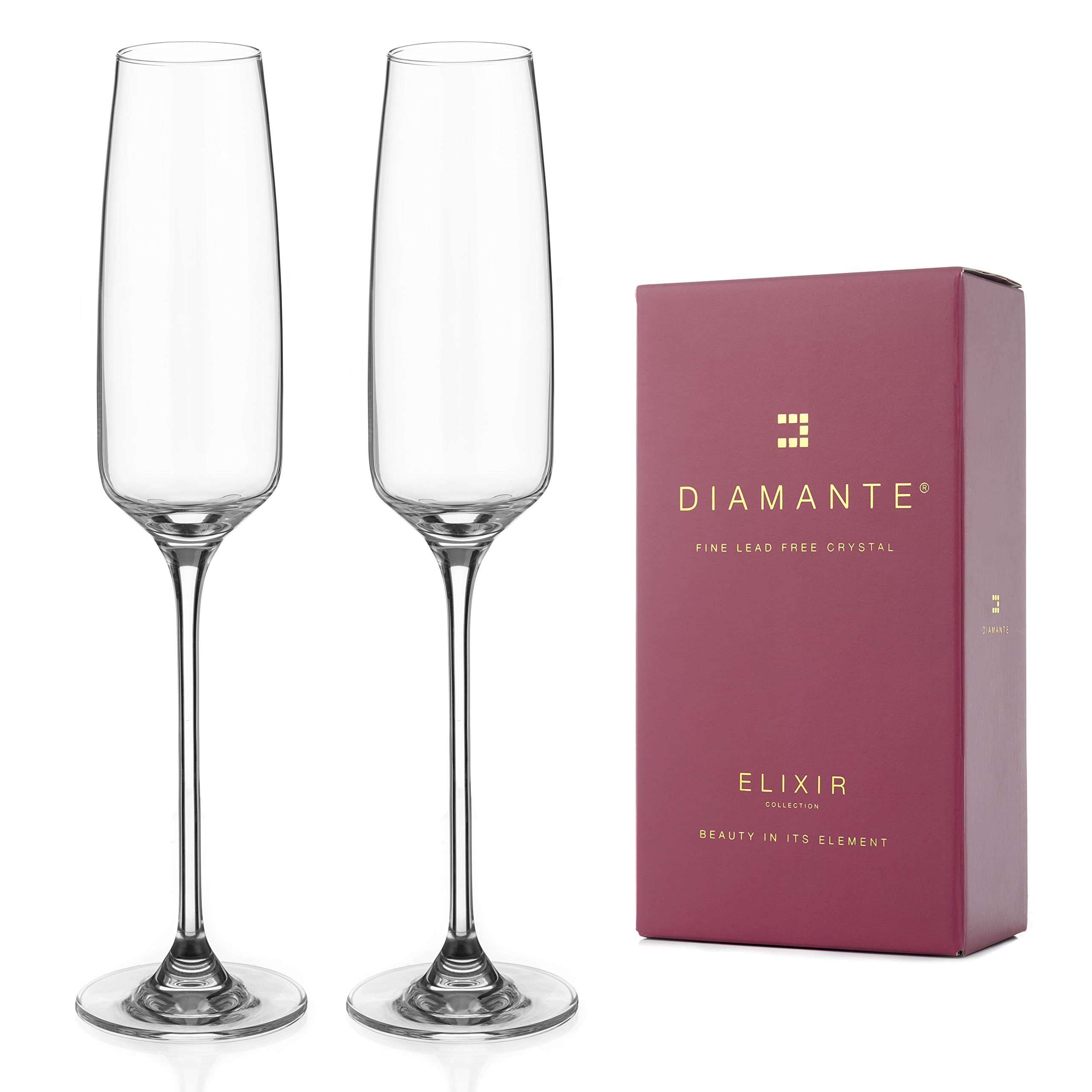 DIAMANTE Champagne Flutes Crystal Prosecco Glasses Set of 2 - ‘Hollywood’ Collection Undecorated Crystal - Set of 2