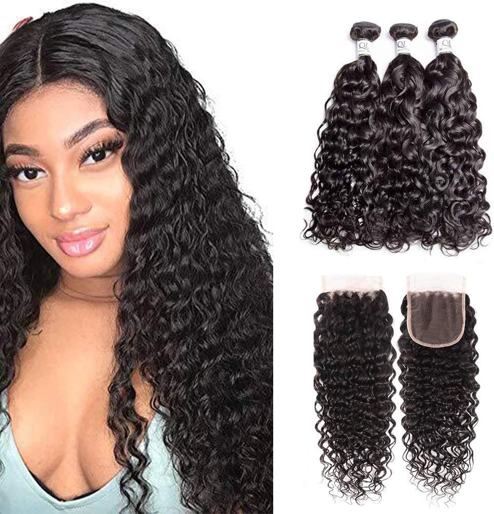 Brazilian Water Wave Bundles with Closure 14/16/18+12inch Transparent Lace Closure Free Part Human Virgin Hair Deep Ocean Wave 3 Bundles with 4x4 Swiss Lace Closure Natural Black Hair Bundles