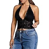 winkbay Women's Plus Size Lace Halter Top Tie Backless Deep V Neck Sheer Party Club Tops