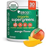 Zena Nutrition Organic Super Greens Powder, 70+ Superfoods, 0 Sugar, 3G Fiber, Spirulina, Chlorella, Mushrooms, Prebiotics/Probiotics, Digestive Enzymes for Gut Health, Mango, 30 Servings