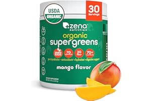 Zena Nutrition Organic Super Greens Powder, 70+ Superfoods, 0 Sugar, 3G Fiber, Spirulina, Chlorella, Antioxidants, Prebiotics/Probiotics, Digestive Enzymes, Mango, 30 Servings
