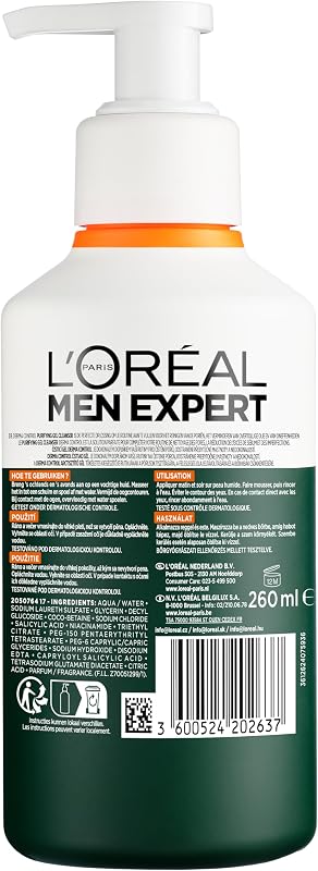 L'Oréal Paris Men Expert Gel Limpiador Facial Derma Control con Niacinamida, 260 ml