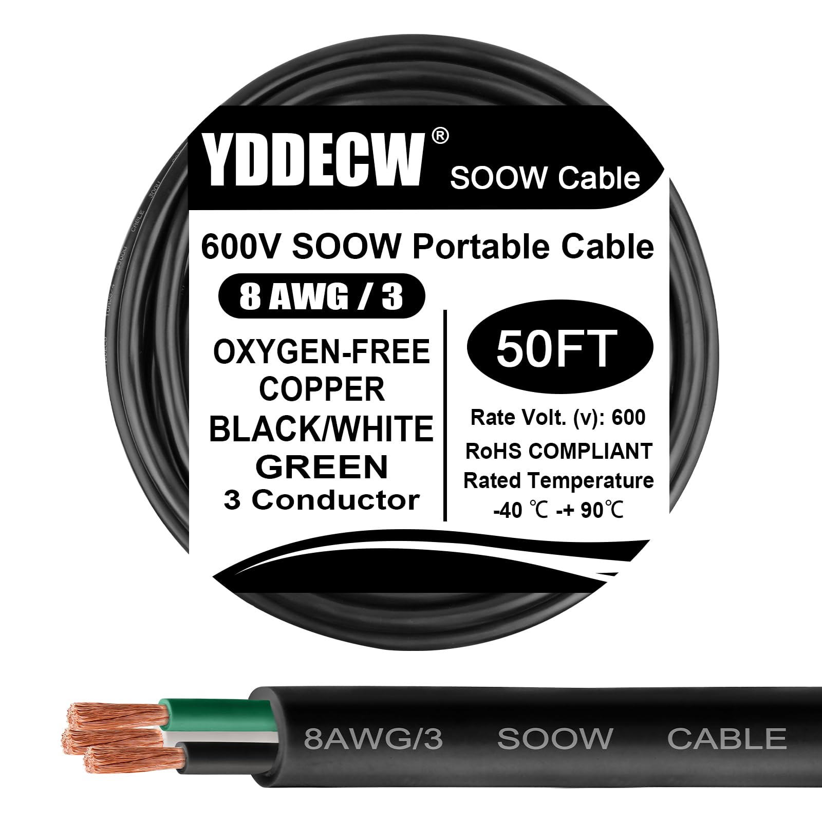 Photo 1 of YDDECW 50ft 8/3 8 AWG Portable Power Cable (3 Conductor) - SOOW 600V 8 Gauge Electric Wire for Motor Leads, Portable Lights, Battery Chargers and Machinery - 3 Conductor - 50 Feet Electrical Cord