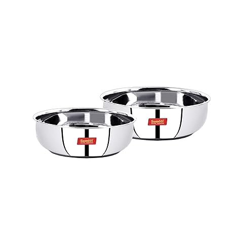 Sumeet Stainless Steel Induction Bottom Tasra (Silver, Size No.12, 1.9L and Size No.13, 2.3L) - Set of 2