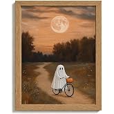 Framed Spooky Ghost Halloween Wall Art,Vintage Gothic Whimsical Painting Picture Wall Decor,Cute Ghost Riding Bike with Pumpkin Poster Print Artwork,for Living Room Bedroom Bathroom Home Decoration