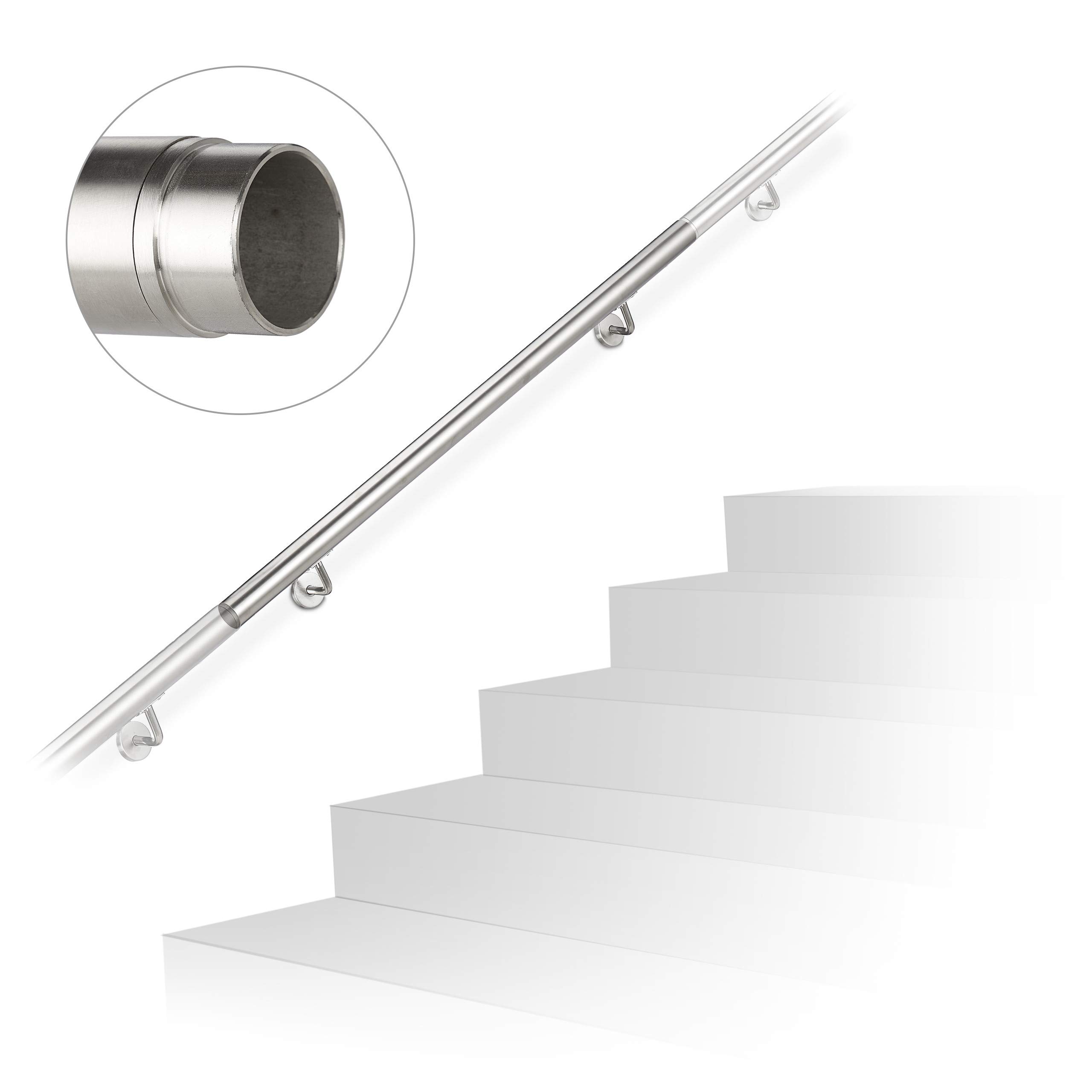 Relaxdays Handrail, Stair Rail, Extendable, Indoor, Outdoor, Round, Ø 42 mm, Stainless Steel, Bracket, 100 cm, Silver, 12.5 x 100 x 7.5 cm