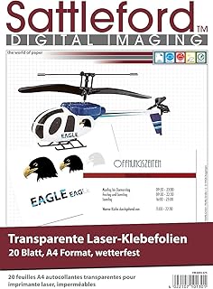 Sattleford Decalfolien: 20 Klebefolien A4 für Laserdrucker transparent (Klebefolie bedrucken Laserdrucker)