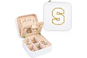 FUNARTY Travel Jewelry Case Organizer, Gifts for Women, Small Jewelry Box Jewelry Organizer, Necklace Organizer Earring Organizer Box with Mirror, White Travel Essentials Initial S