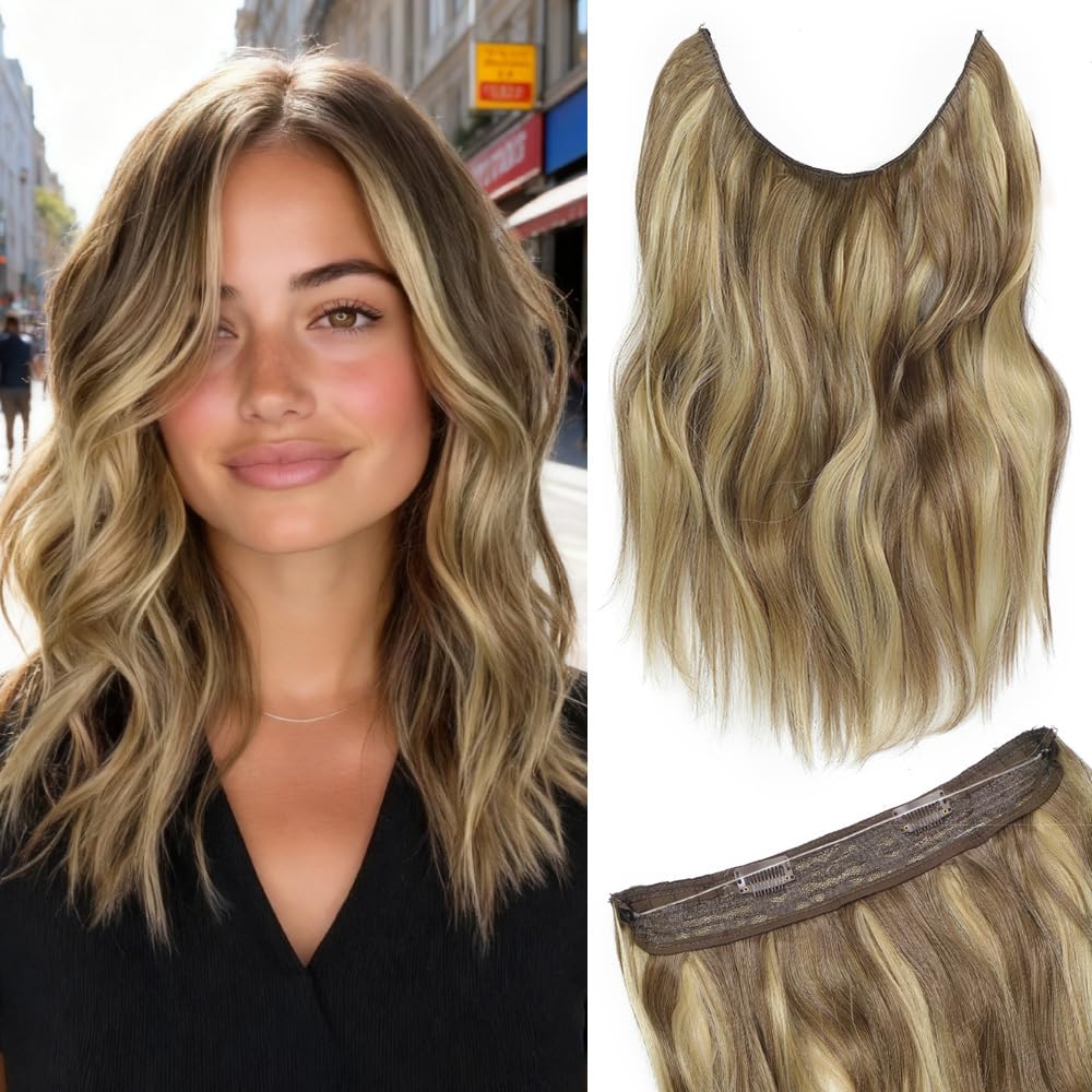 Invisible Wire Hair Extension Light Ash Brown with Highlights Hair Extensions Clip in 12 inch Wavy Hair Pieces for Women Friendly Synthetic Hair Extensions for Wedding — image 1