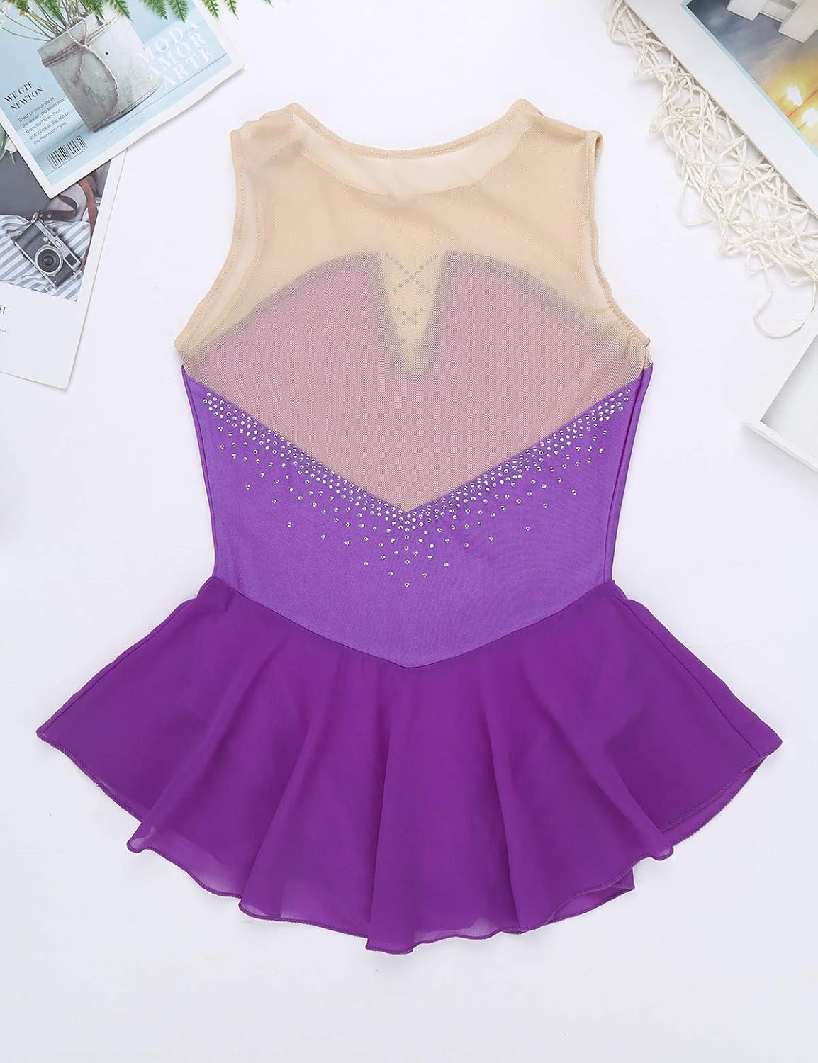 JEATHA Kids Girls Shiny Rhinestone Ballet Costume Sleeveless Splice Ice Skating Dress Gymnastic Leotard Skirt: Clothing
