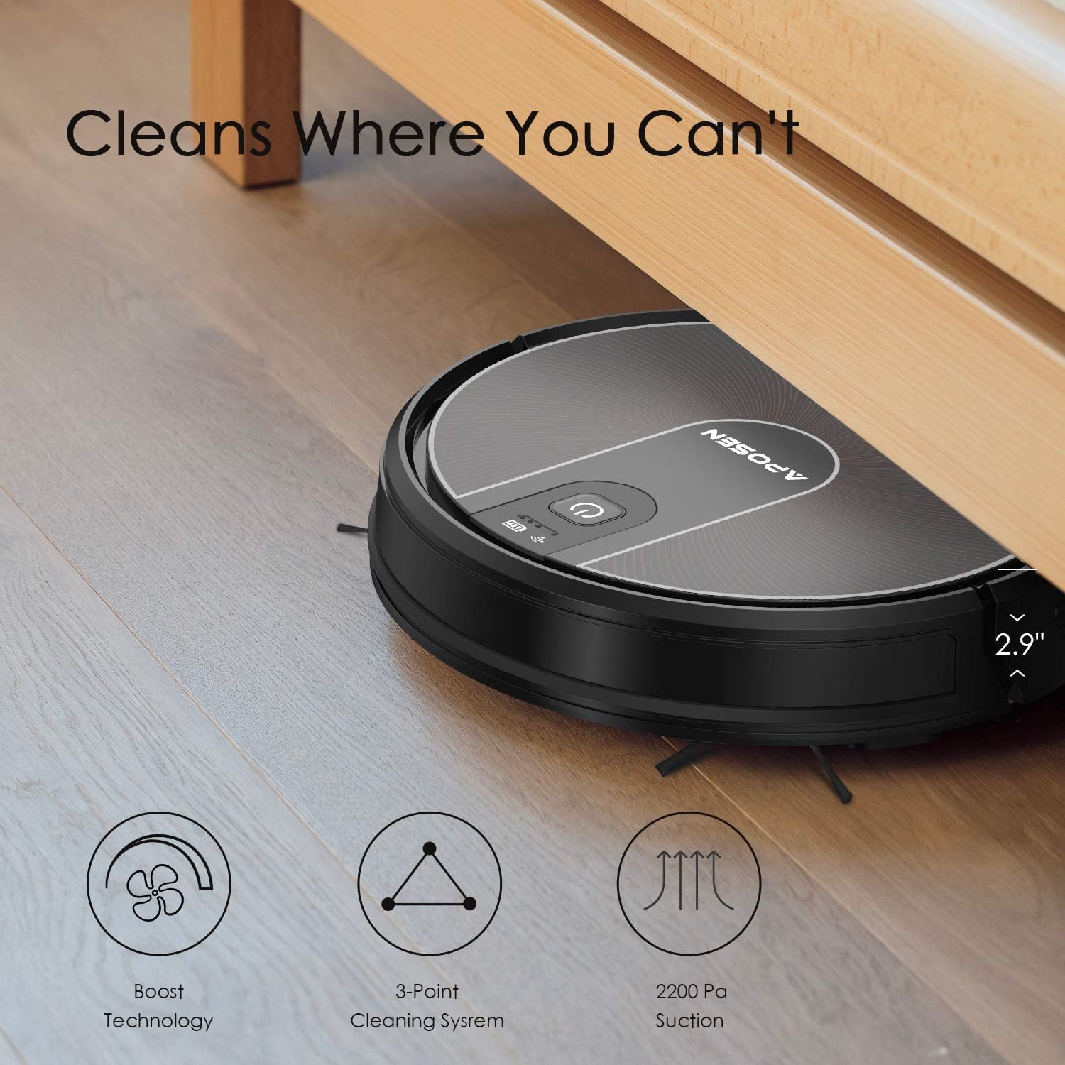 APOSEN Robot Vacuum, Smart WiFi Mapping Robot Vacuum Cleaner, 2200Pa Strong Suction But Quiet Robotic Vacuum Cleaner with Self Charging, Ideal for Pet Hair, Carpet, Hard Floor -