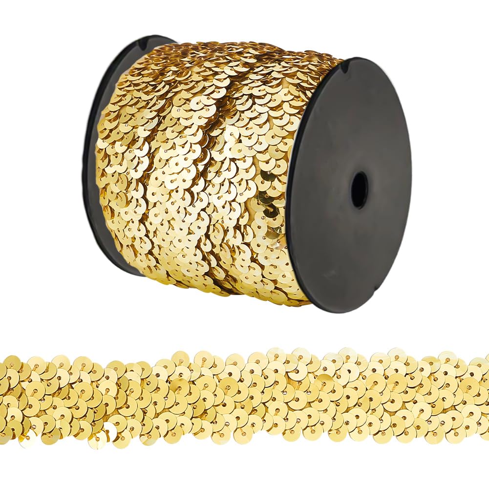 OLYCRAFT 10M Flat Glitter Elastic Sequin Trim Gold Stretch Sequin Trim 3 Row Fabric Bling Ribbon Trims Ribbon Sequins Trims for Dress Embellish and Headband - Gold