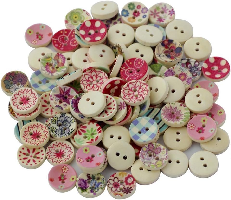Wooden Buttons Round Vintage Buttons for Sewing and Crafting,100pcs Assorted 2 Holes Buttons