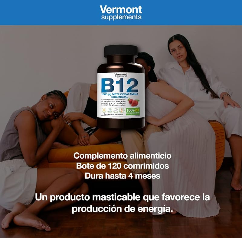 Vitamina B12 Sublingual 1000mcg - 120 Comprimidos Sabor Fresa | Suplemento Vitamínico con Metilcobalamina para el Desarrollo Celular, favoreciendo la producción de Energía | Vermont Supplements