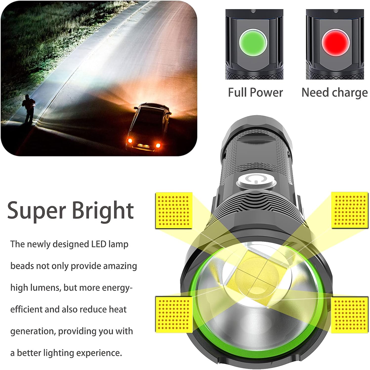 Flashlight with USB Charging Port, Charger for Phone - Wansurs LED Rechargeable Super Bright Tactical Electric Torch, Zoomable and Waterproof with Aluminum Shell and 26650 Battery (Black) - - 