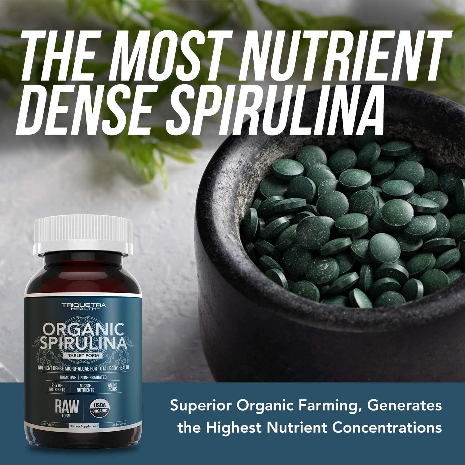 Organic Spirulina Tablets (360 Tablets) - Made with Parry® Spirulina, The Best Spirulina in The World, Highest Nutrient Density - Non-Irradiated, 4 Organic Certifications (90 Servings): Health & Personal Care