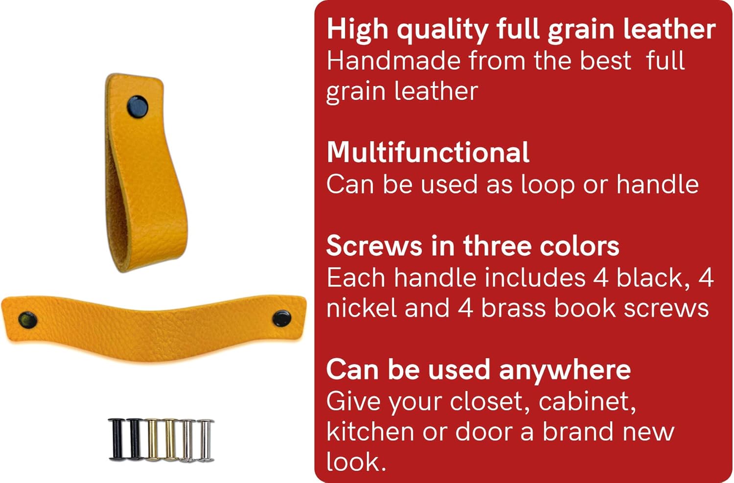Brute Strength, Leather Handles for Furniture, Ochre Yellow, 12 pcs, 16,5 x 2,5 cm, Cabinet Handle - Image 3