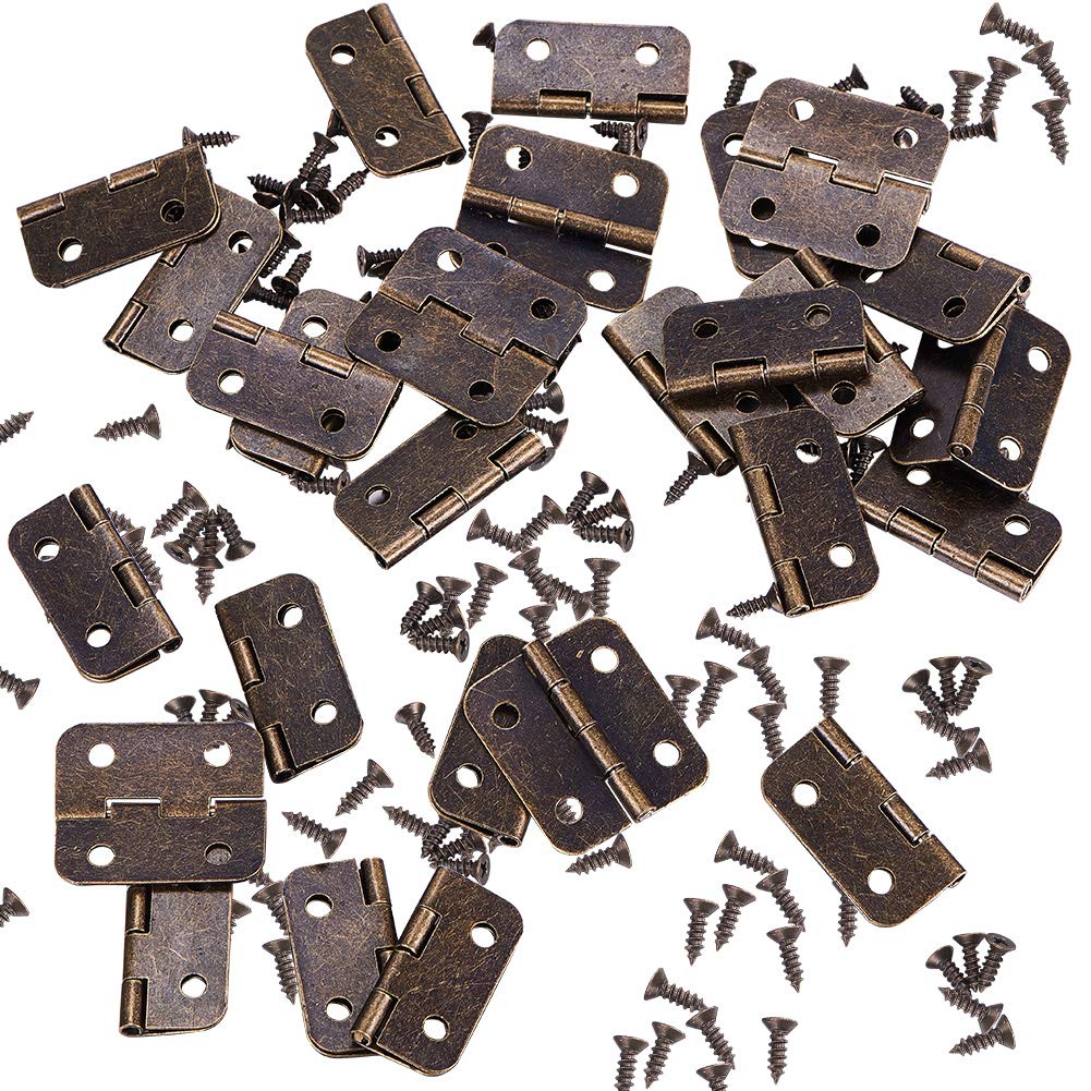 INCREWAY 50 Set Mini Hinges with Matching Screws for Jewelry Chest Box Wood Cabinet (Antique Bronze)