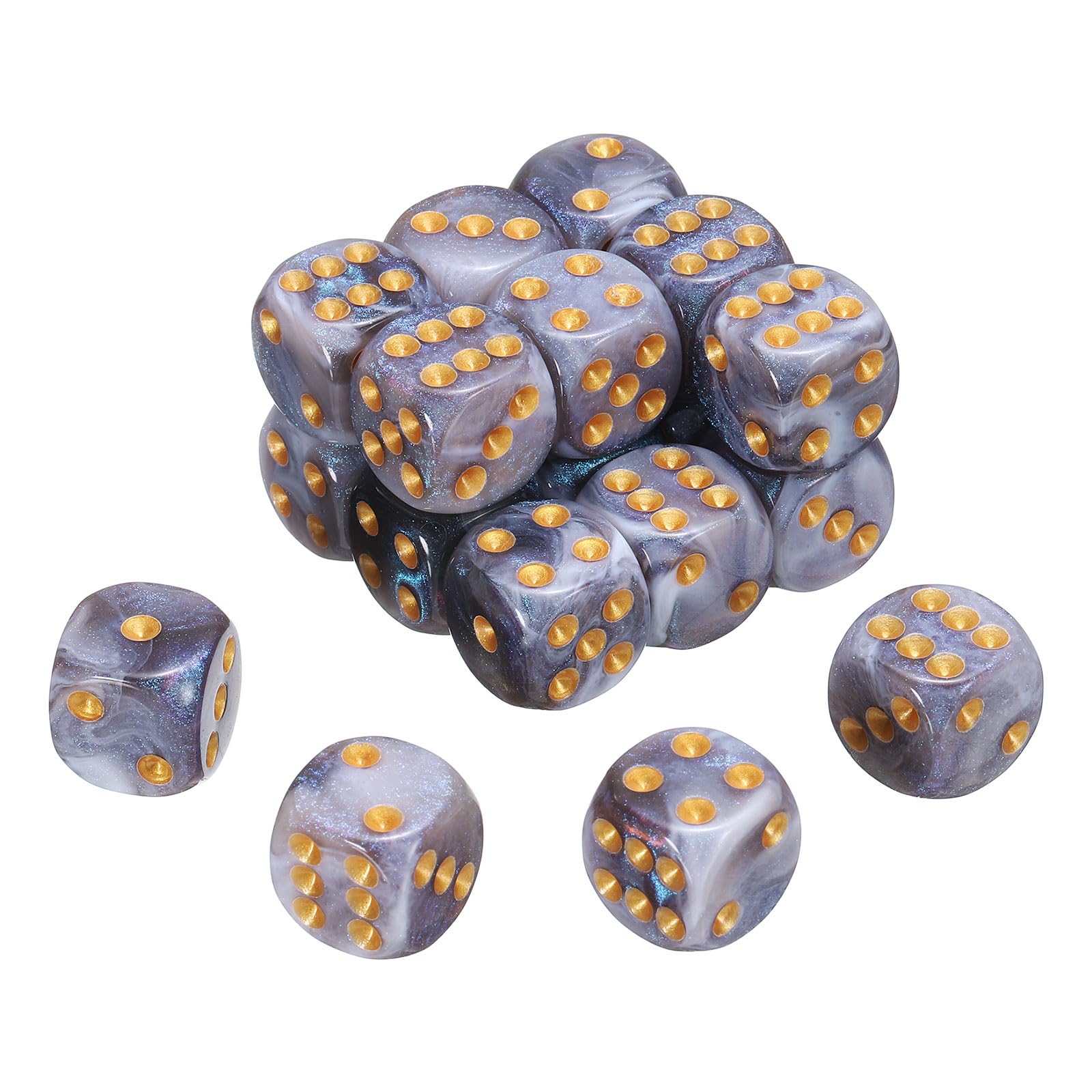sourcing map 20Pcs 6 Sided Standard Dice, 2 Colors 16mm Acrylic D6 Mini Polyhedral Pearl Pattern Game Dice Set for Table Games, Gray and White/Gold Point