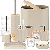 IMAVO Bathroom Accessory Set-11Pcs Beige Bathroom Accessories Set with Trash Can,Soap Dispenser,Soap Dish,Toothbrush Holder,Toothbrush Cup,Toilet Brush Holder,Qtip Holder Dispenser with Labels