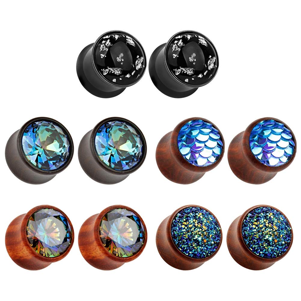 TBOSEN 5 Pairs Set Gauges Wooden Tunnels Earrings Zircon Stone Body Jewellery Stretching Tapers Expanders Wooden Ear Plugs