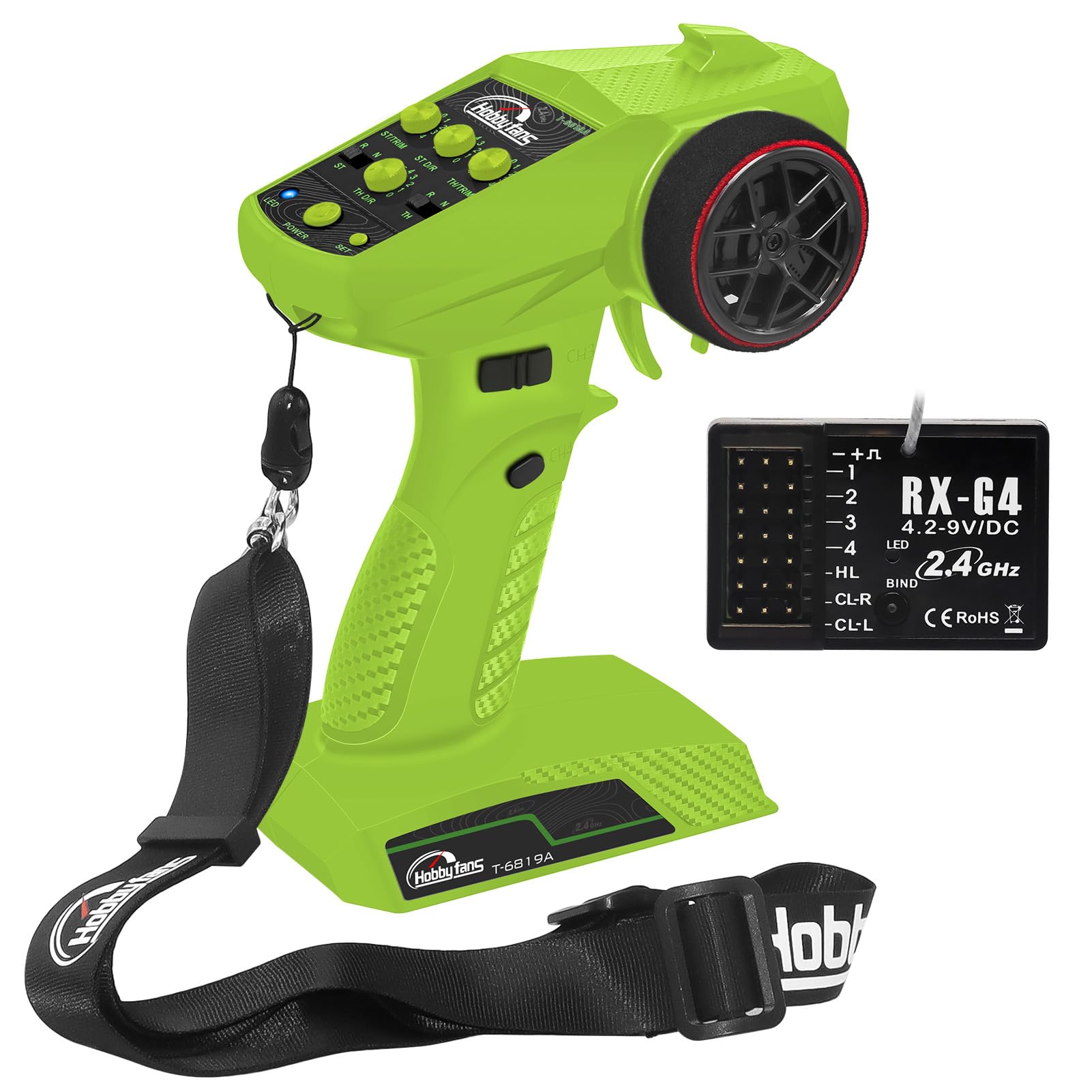 Photo 1 of Hobby Fans RC Radio System 4CH 2.4G RC Transmitter with Receiver and Lanyard Anti-Jamming Remote Controller for RC Car Crawler Boat, Green & Black