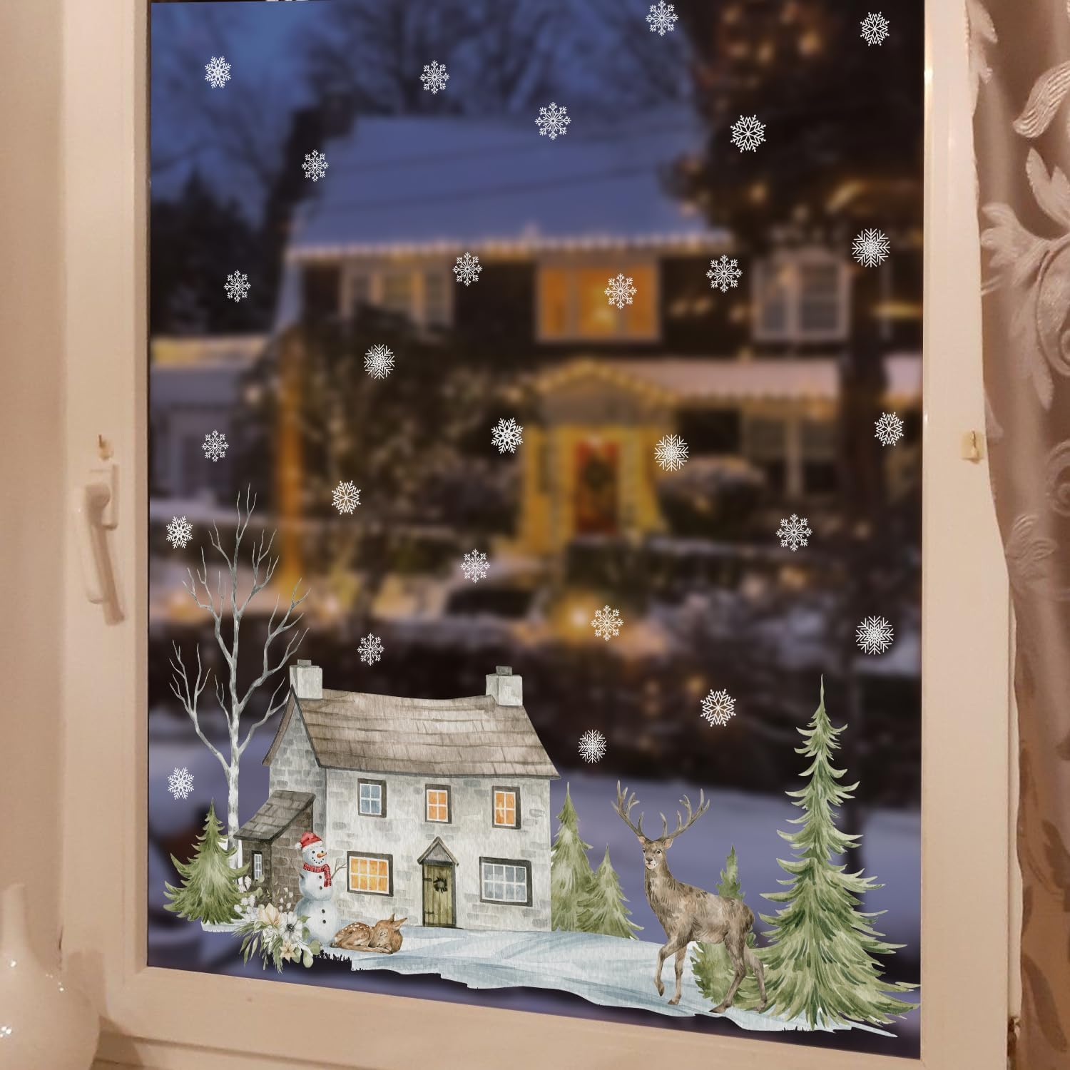 Neukids Christmas Decorations Large Window Stickers hut and Deer, Snowflakes Decoration Window Stickers Christmas Scene, Winter Window Glass Mirror car Christmas Decorations