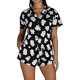Aonoapll Halloween Pajamas Women Pumpkin Ghost Graphic 2 Piece Sleepwear Short Sleeve Button Shirt Pjs Shorts Set
