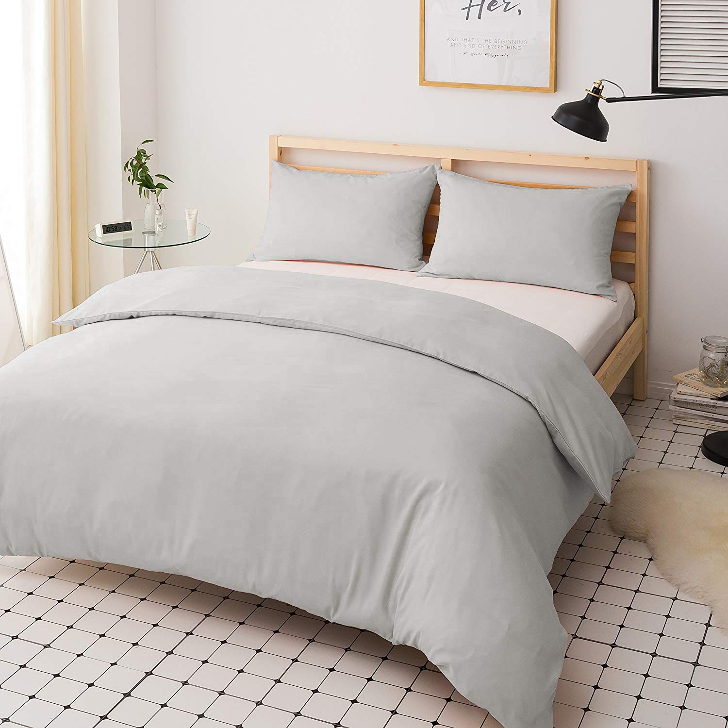 mFabrics Poly-Cotton Duvet Quilt Cover Set - Easy Care, Machine Washable - Single Double King Super King - Pillowcase Included (Silver, Single)