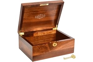 Smilco Wooden Storage Box with Hinged Lid Acacia Wood Hand-Crafted Wooden Box for Recipes Decorative Storage or as Keepsake