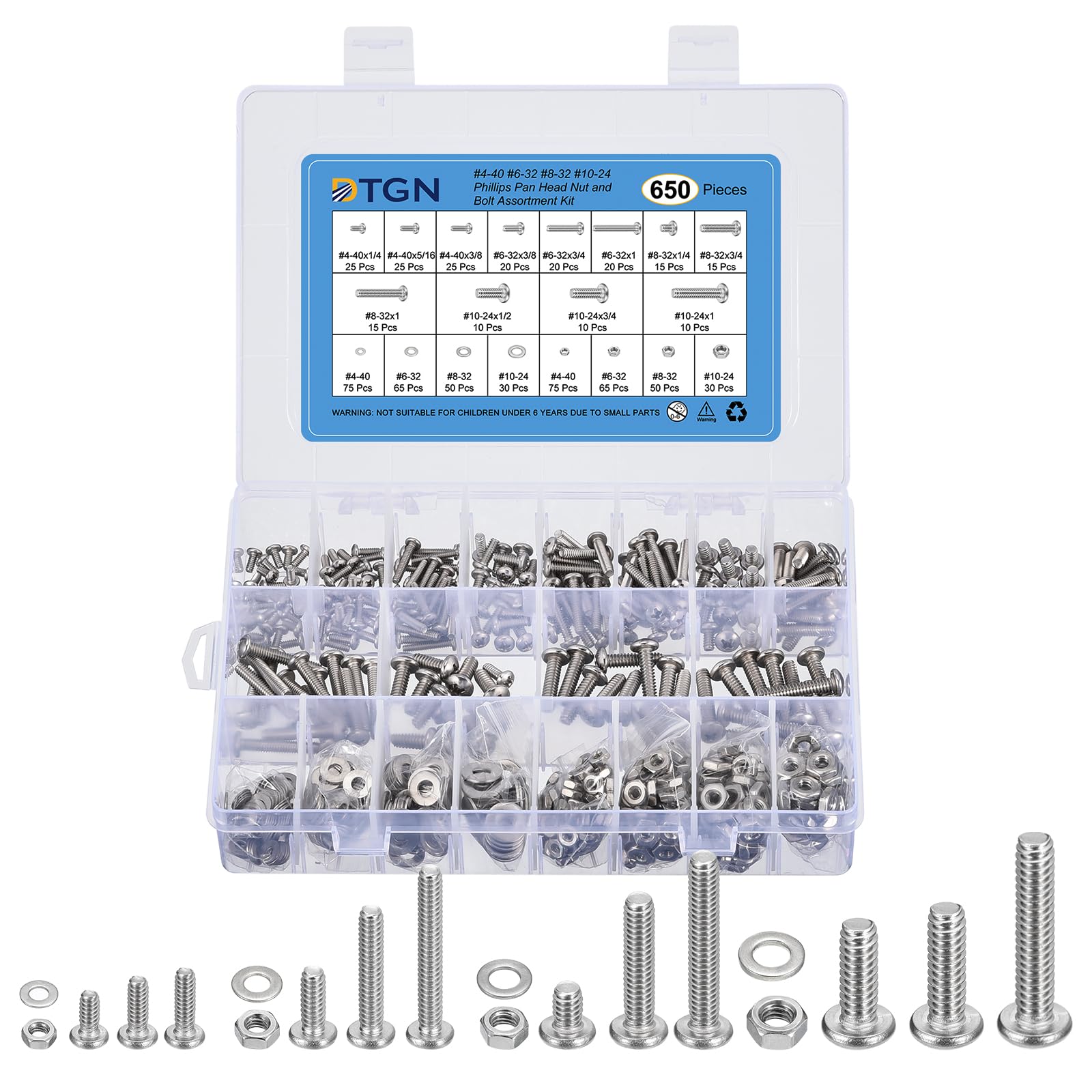 DTGN 650Pcs Machine Screws Assortment Kit, #4-40#6-32#8-32#10-24 Phillips Pan Head Nut and Bolt Assortment Kit, 304 Stainless Steel, Bolt Assortment With Washers