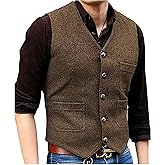 DREFEEL Mens Vintage Tweed Suit Vest V Neck Casual Wool Waistcoat for Wedding Groomsmen Men's Formal Vest