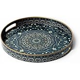 Fuukou Round Serving Tray with Handles - Large Round Ottoman Tray Coffee Table Tray,Plastic Decorative Trays for Coffee Table,Boho Ottoman Trays for Living Room