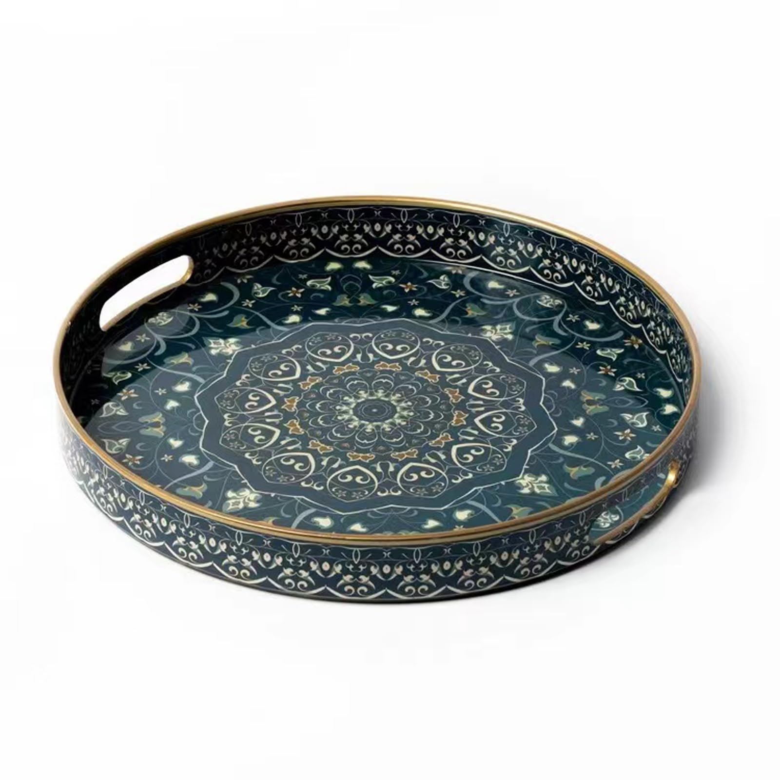 Photo 1 of Fuukou Round Serving Tray with Handles - Large Round Ottoman Tray Coffee Table Tray,Plastic Decorative Trays for Coffee Table,Boho Ottoman Trays for Living Room