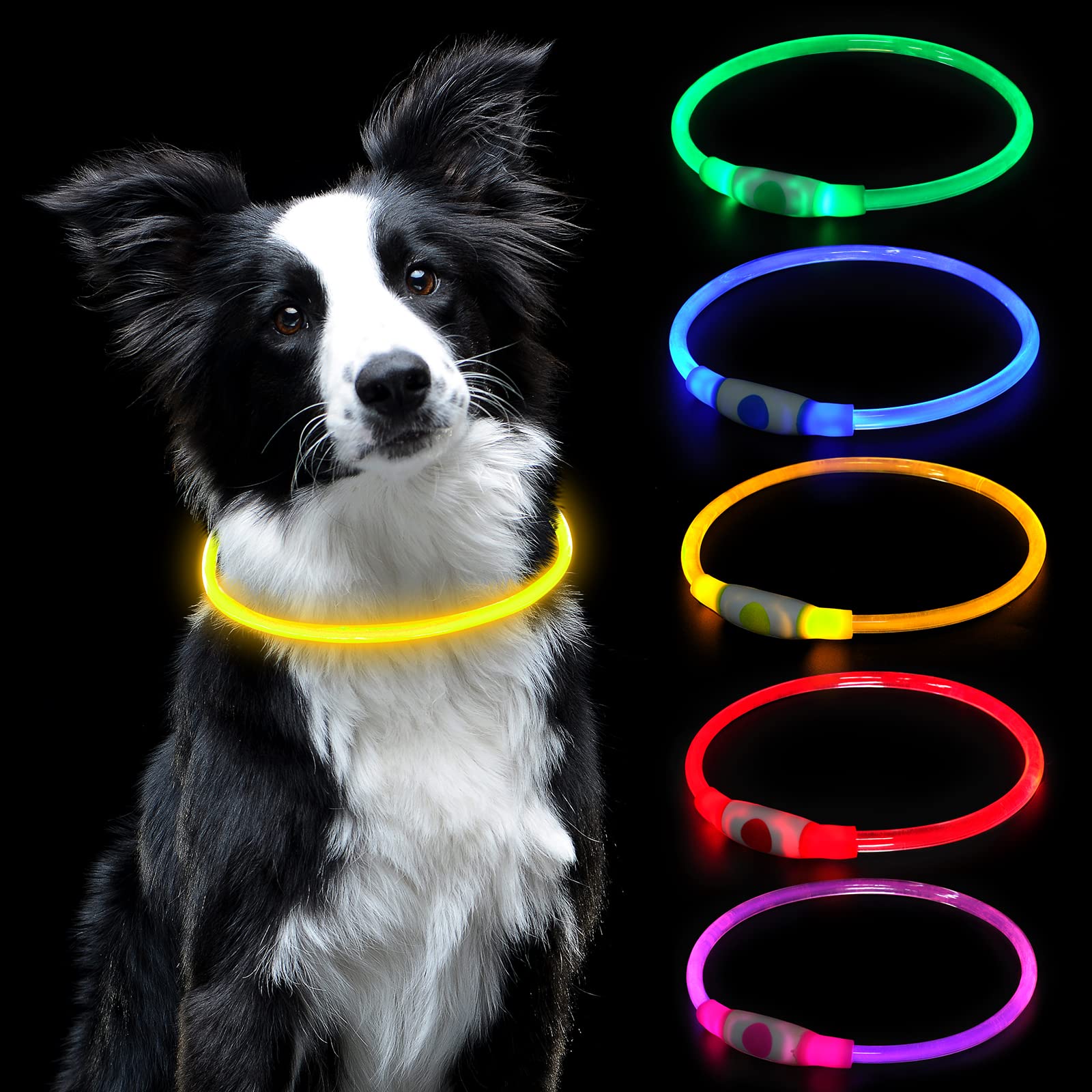AUAUY LED Light Up Dog Collar, Pets Flashing Collar, Dog Collar Light for the Dark,USB Rechargeable Water Resistant Reflective Collar for the Can Arbitrarily Cut Collars Fits Any Cats and Dogs-Yellow — image 1