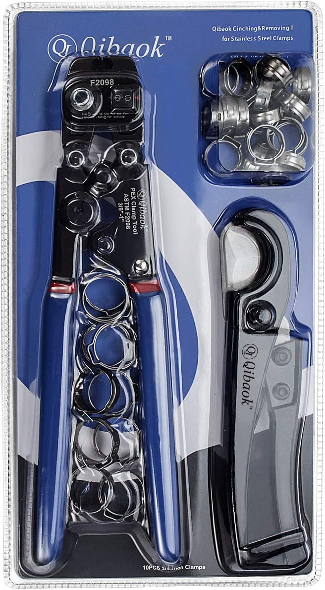 Qibaok PEX Cinch Tool with Removing function for 3/8-inch to 1-inch Stainless Steel Clamps with 1/2-inch 20PCS and 3/4-inch 10PCS and Pex Pipe Cutter - - 