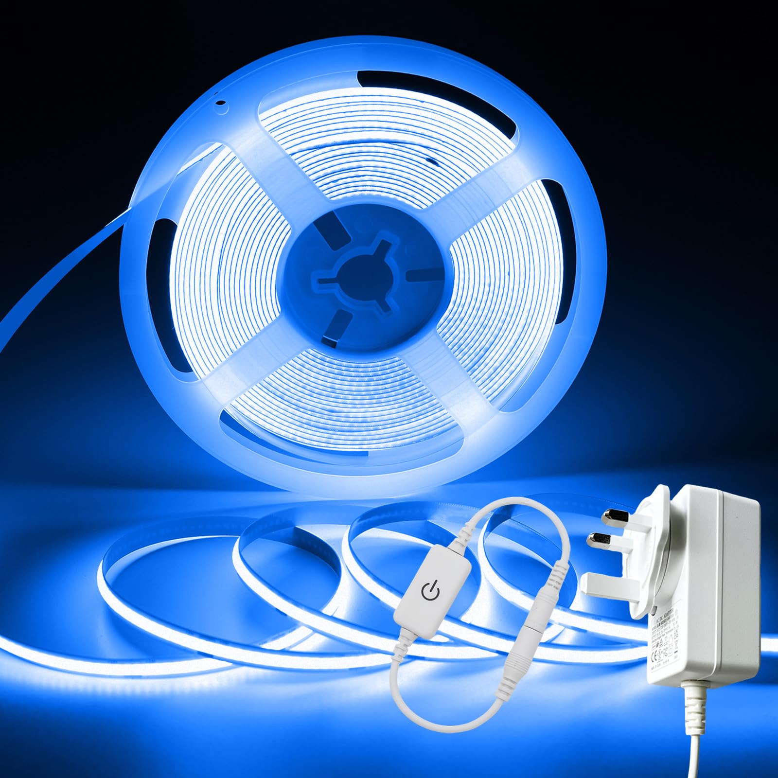 ShineBurky Blue COB LED Strip Lights,10M Eid Cuttable Tape Lights with Plug, 24V Uniform Dotles CRI93+ Flexible Dimmable Light Kit for Boys TV Backlight Bedroom Monitor Gaming Room Ceiling Bar Decor