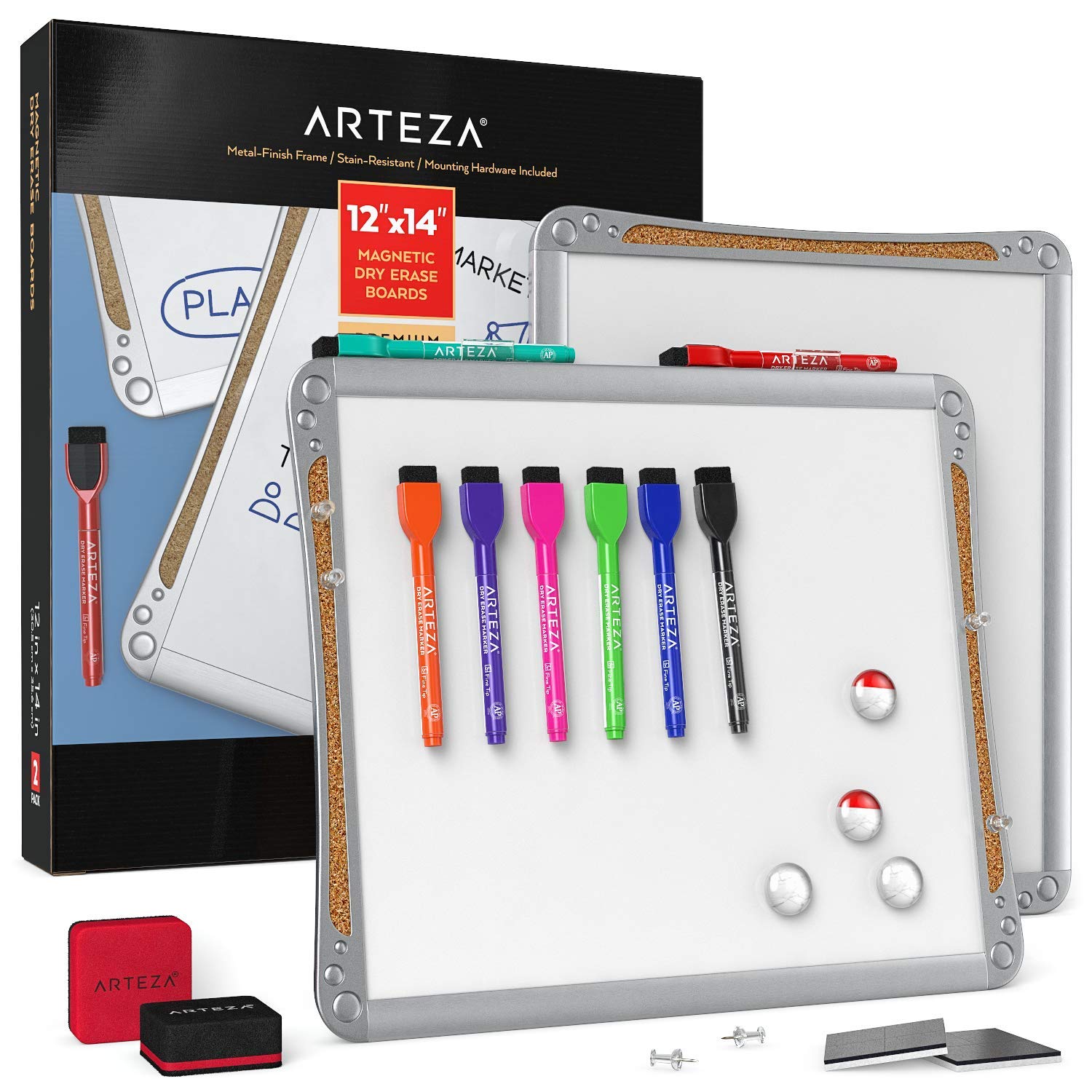 Arteza Framed Magnetic Cork Whiteboard Set, 12x14 inches, 2-Pack Dry Erase Lap Boards with Push Pins, Markers & Magnets for School, Home, Office, Planning, Brainstorming, & Projects